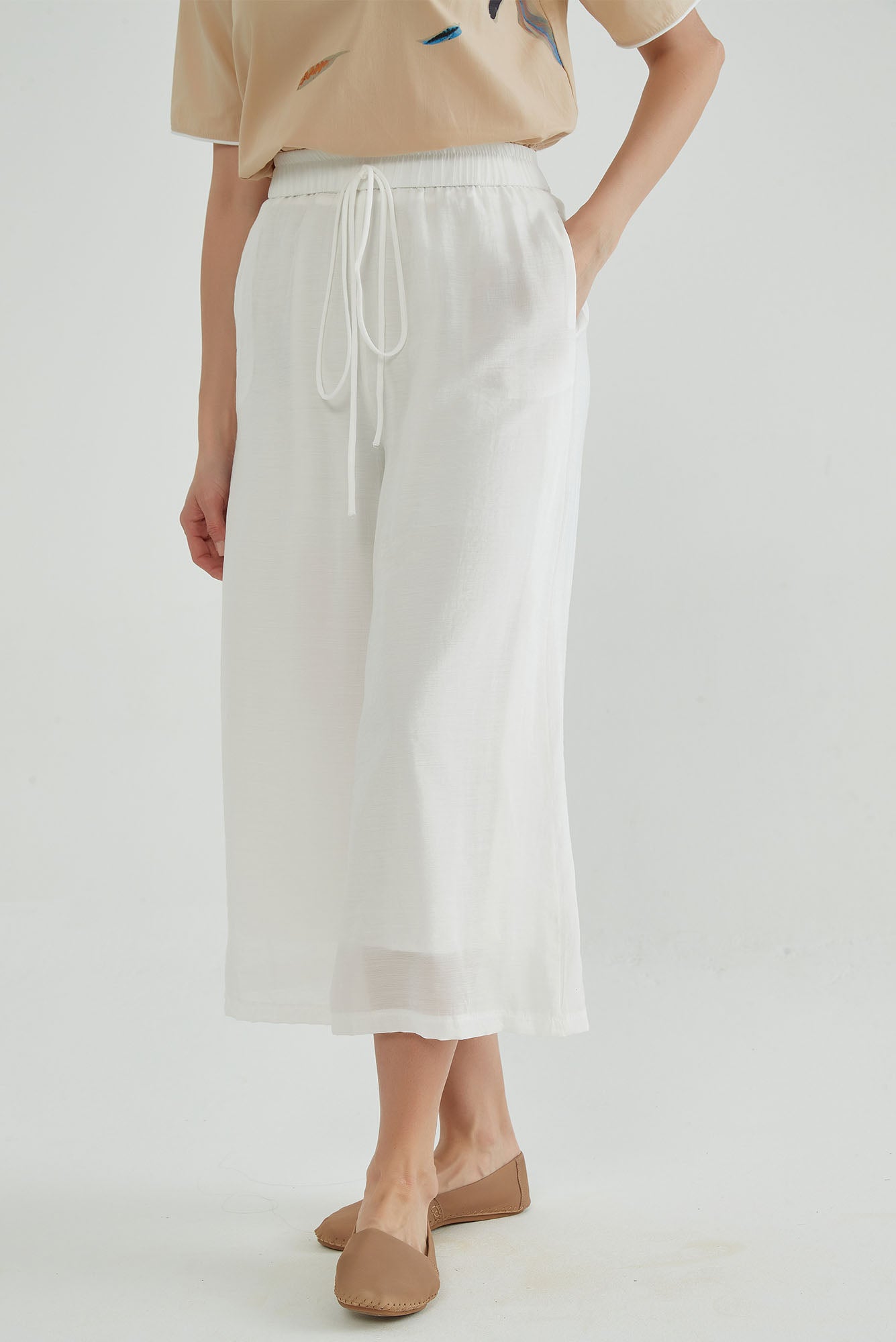 Elastic Two-Layers White Flowy Pants - Whisper Mint